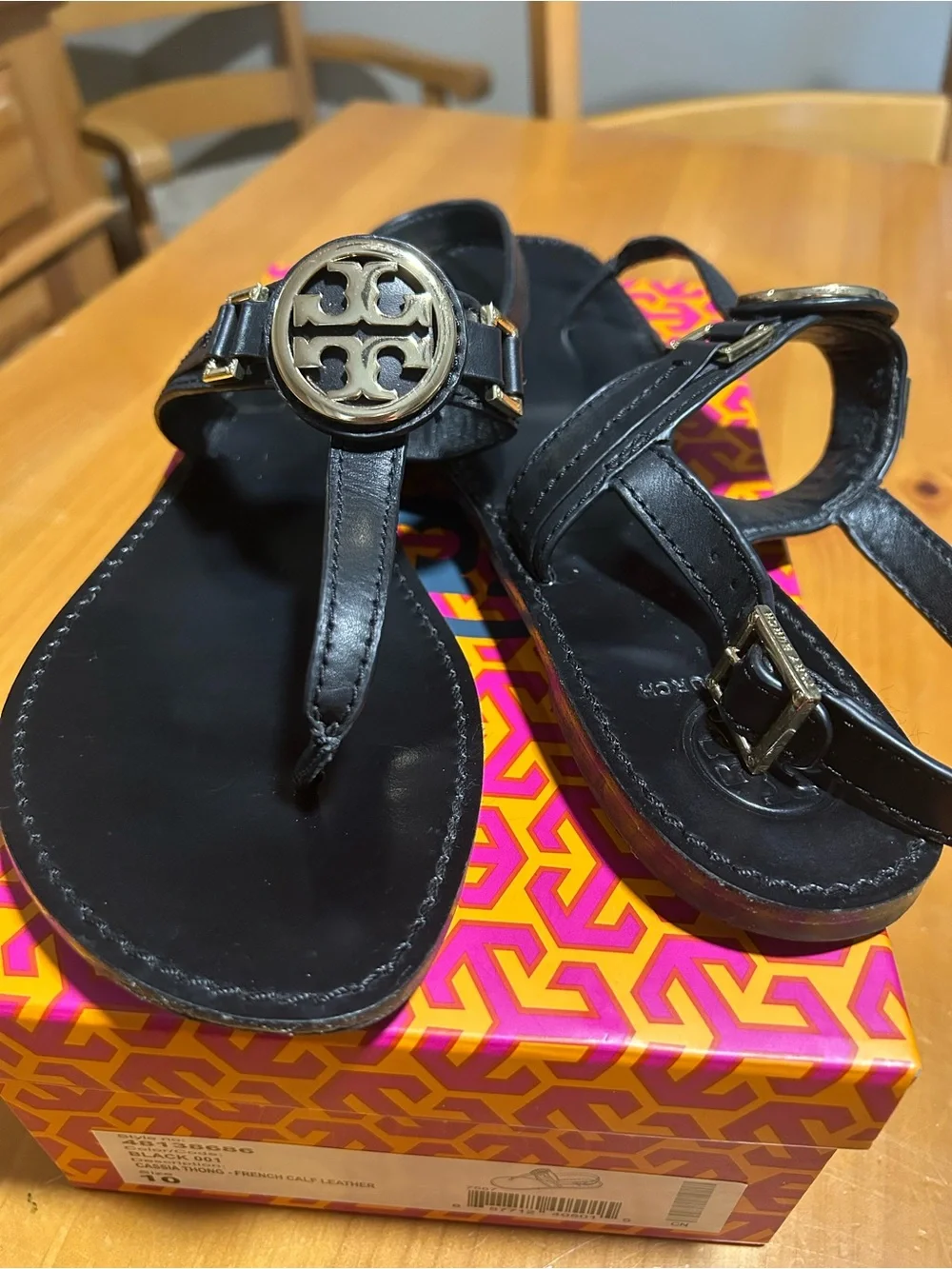 Tory Burch Black Leather Thong Sandals with Gold Logo